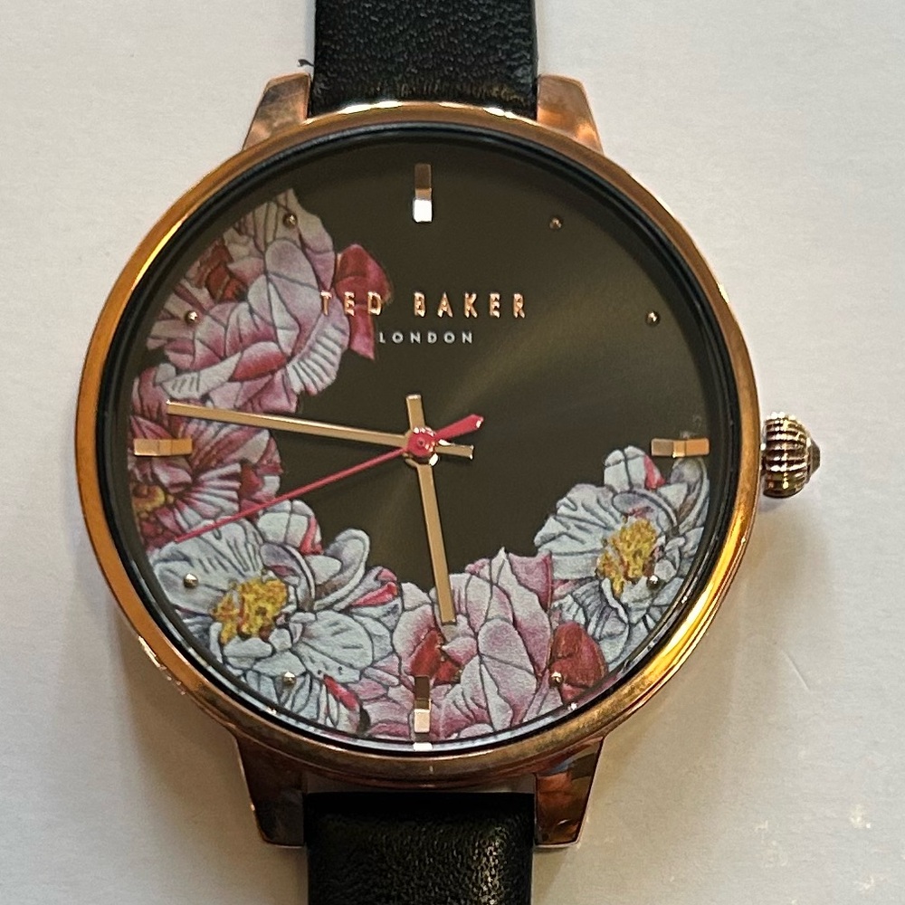 TED BAKER KATE WATCH WITH 32 BLACK FLORAL FACE & BLACK LEATHER BAND